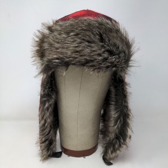 Goodfellow & Co Men's Trapper Hat Red Plaid One Size Vegan Fur Trim Ear Flaps - Picture 2 of 10